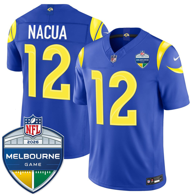 Men's Royal Los Angeles Rams #12 Puka Nacua 2026 F.U.S.E. Melbourne Game Patch Vapor Limited Stitched Football Jersey